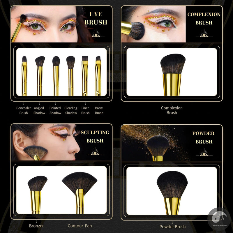 Perfect Makeup Brushes Set 10pcs Basic Powder Eyeshadow Contour Foundation Liner Brow Brush Kit Vintage Golden Synthetic Hair-Health Wisdom™