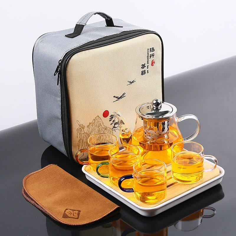 Portable Chinese Gongfu Tea Set Heat Resisting Borosilicate Glass Teapot Tea Tray Teacups Sets A Pot Of Four Cups Gift Bag-Health Wisdom™