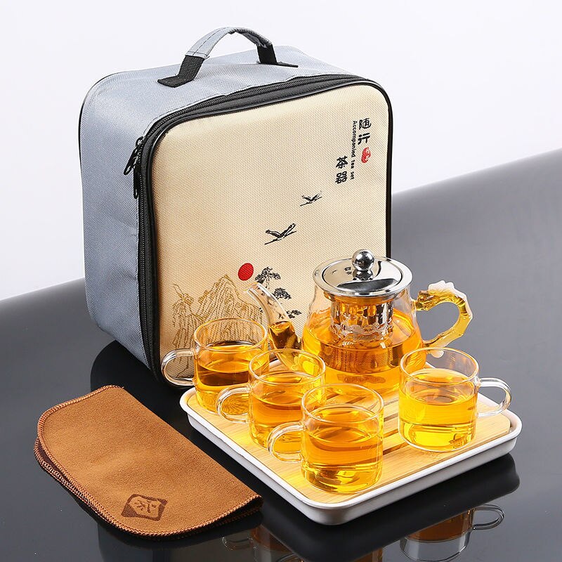 Portable Chinese Gongfu Tea Set Heat Resisting Borosilicate Glass Teapot Tea Tray Teacups Sets A Pot Of Four Cups Gift Bag-Health Wisdom™