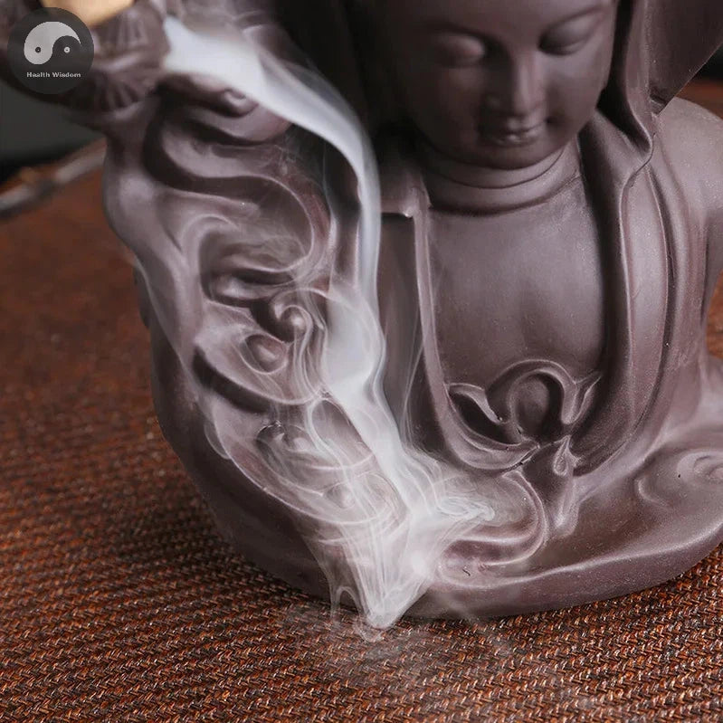 Purple Clay Avalokitesvar Handicrafts Buddha Waterfall Backflow Incense Burner Home Decor Incense Stick Holder Ceramic Censer-Health Wisdom™