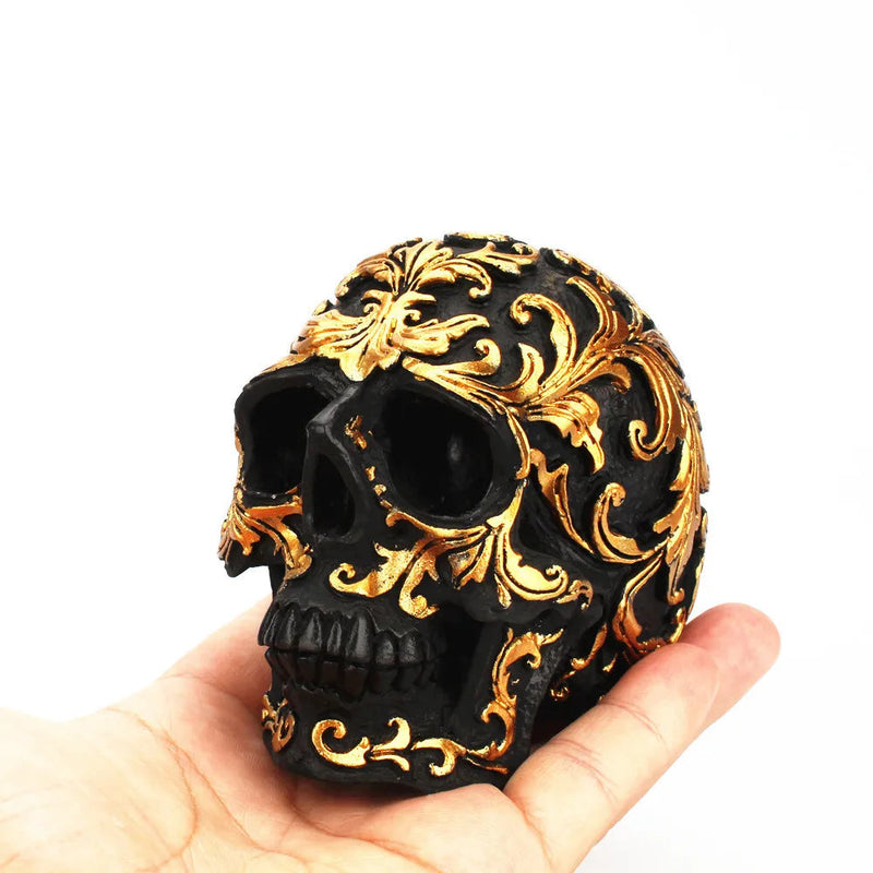 Resin Craft Black Skull Head Golden Carving Halloween Party Decoration Skull Sculpture Ornaments Home Decoration Accessories-Health Wisdom™