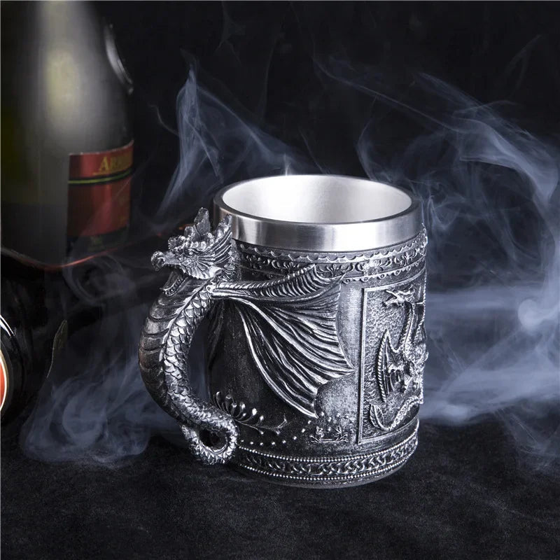 Retro Dragon Resin Stainless Steel Beer Mug Skull Knight Tankard Halloween Coffee Cup Creative Viking Tea Mug Pub Bar Decoration-Health Wisdom™