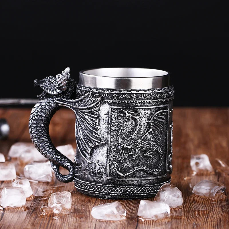 Retro Dragon Resin Stainless Steel Beer Mug Skull Knight Tankard Halloween Coffee Cup Creative Viking Tea Mug Pub Bar Decoration-Health Wisdom™