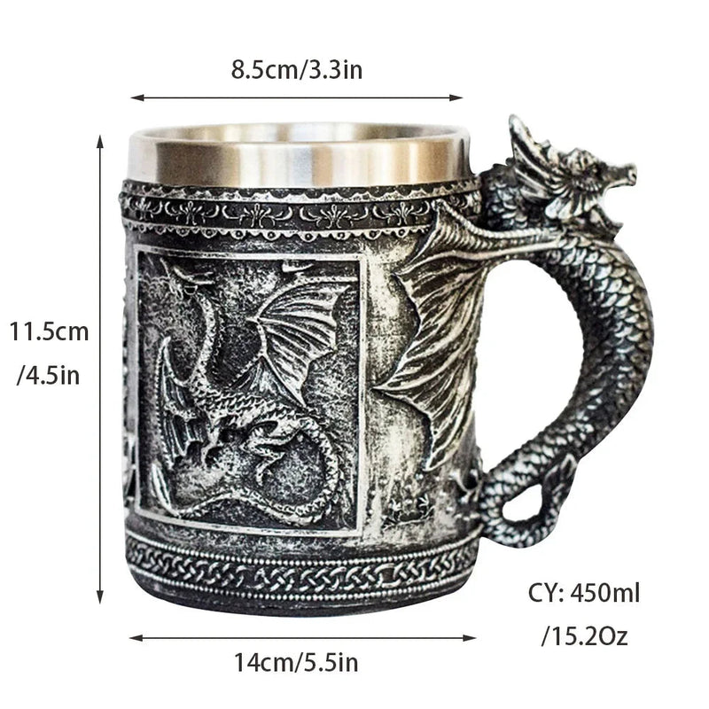 Retro Dragon Resin Stainless Steel Beer Mug Skull Knight Tankard Halloween Coffee Cup Creative Viking Tea Mug Pub Bar Decoration-Health Wisdom™