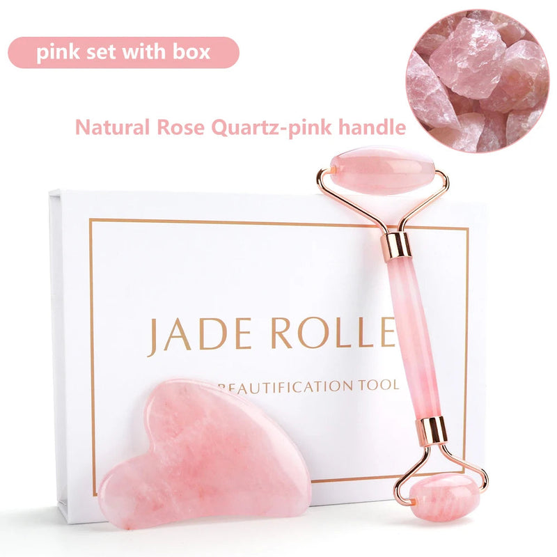 Rose Quartz Face Massager Jade Roller Gua Sha Scraper Set Facial Roller Natural Stone Massage Tool for Skin Care Face Lifting-Health Wisdom™