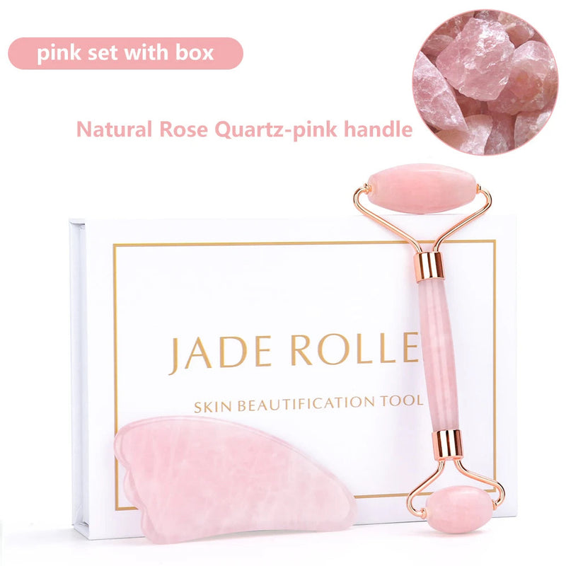Rose Quartz Face Massager Jade Roller Gua Sha Scraper Set Facial Roller Natural Stone Massage Tool for Skin Care Face Lifting-Health Wisdom™