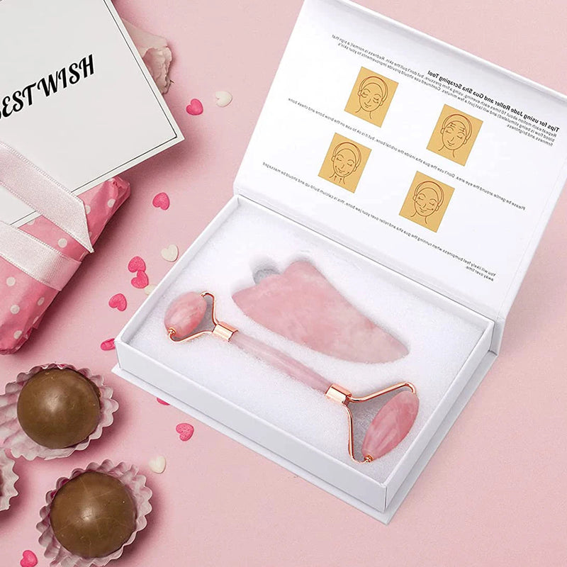 Rose Quartz Face Massager Jade Roller Gua Sha Scraper Set Facial Roller Natural Stone Massage Tool for Skin Care Face Lifting-Health Wisdom™