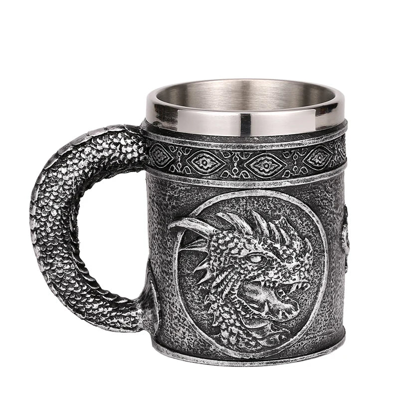Silver Evil Dragon Resin Stainless Steel Beer Mug 450ml Retro Tankard Horrible Coffee Cup Viking Tea Mug Pub Bar Decor-Health Wisdom™