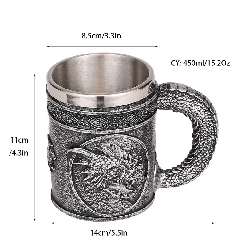 Silver Evil Dragon Resin Stainless Steel Beer Mug 450ml Retro Tankard Horrible Coffee Cup Viking Tea Mug Pub Bar Decor-Health Wisdom™