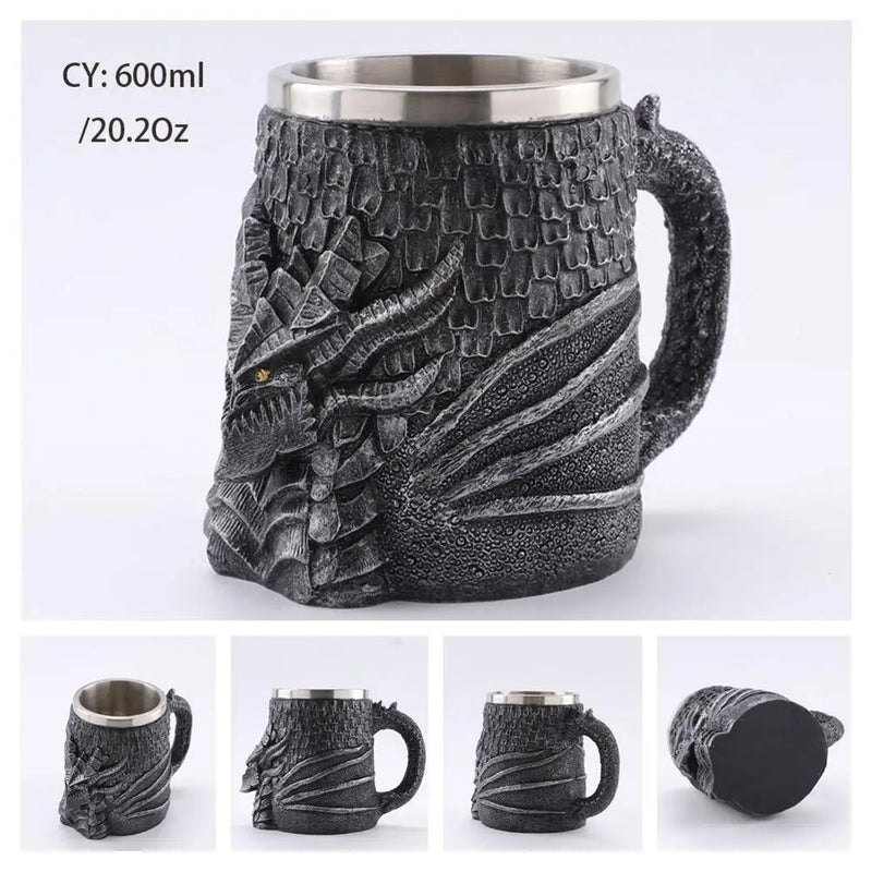 Silver Skull Dragon Resin Stainless Steel Beer Mug 450ml Coffee Cup Retro Tankard Creative Viking Tea Mug Pub Bar Decoration-Health Wisdom™