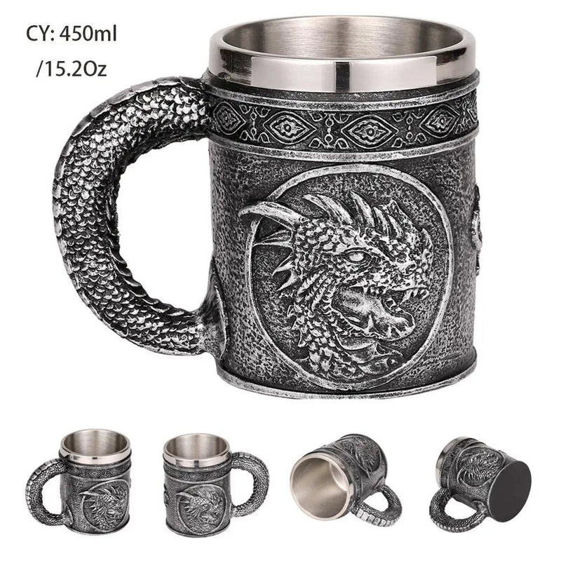 Silver Skull Dragon Resin Stainless Steel Beer Mug 450ml Coffee Cup Retro Tankard Creative Viking Tea Mug Pub Bar Decoration-Health Wisdom™