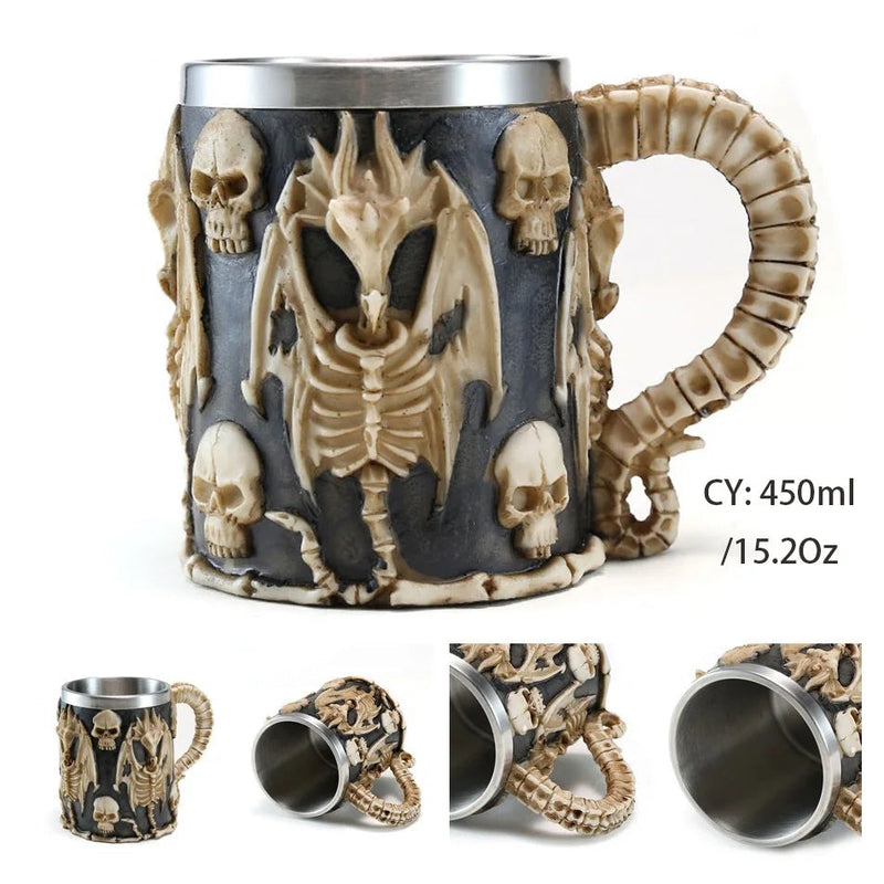 Silver Skull Dragon Resin Stainless Steel Beer Mug 450ml Coffee Cup Retro Tankard Creative Viking Tea Mug Pub Bar Decoration-Health Wisdom™
