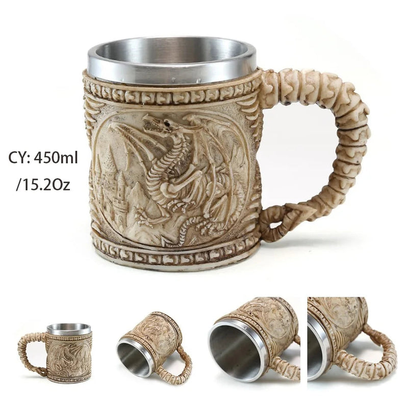 Silver Skull Dragon Resin Stainless Steel Beer Mug 450ml Coffee Cup Retro Tankard Creative Viking Tea Mug Pub Bar Decoration-Health Wisdom™